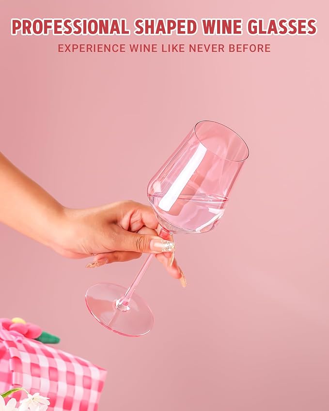 Physkoa Pink Wine Glasses Set of 6-15oz Hand Blown Crystal Colored Wine Glasses with Long Stem, Wedding, Birthday, Christmas Valentines Day Glassware Gifts for Lovers