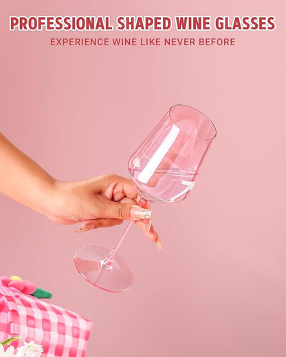 Physkoa Pink Wine Glasses Set of 6-15oz Hand Blown Crystal Colored Wine Glasses with Long Stem, Wedding, Birthday, Christmas Valentines Day Glassware Gifts for Lovers