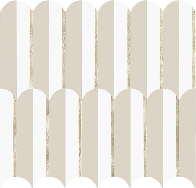 Vamos Tile Peel and Stick Backsplash Seamless Tile for Kitchen,White and Essaouira White Grey PVC Mixed Light Gold Self Adhesive Fish Scale Metal Mosaic Tiles (10 Sheets)