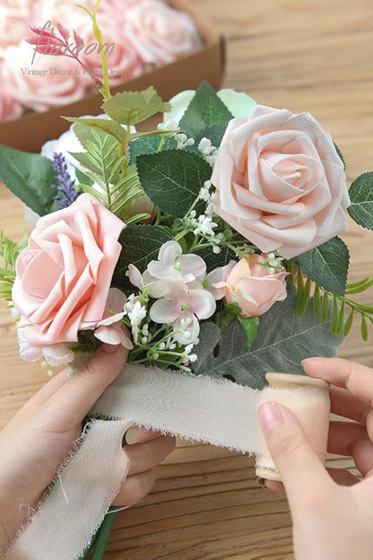 Floroom Artificial Flowers 25pcs Real Looking Shimmer Blush and Peach Foam Fake Roses with Stems for DIY Wedding Bouquets Bridal Shower Centerpieces Floral Arrangements Party Tables Home Decorations