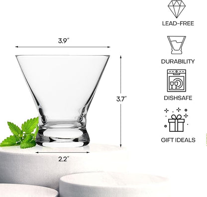 Martini Glasses Set of 4, 8oz Stemless Martini Cocktail Glasses for Margarita, Cosmopolitan, Manhattan, Home Bar, Gimlet, Pisco Sour, Brandy, Crystal Clear