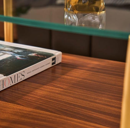 AGV LIGHTING Oval Rectangle Coffee Table with Clear Glass Top, Mid-Century Modern Coffee Table, Walnut MDF Shelf and Glod Metal Legs, Capsule Shape 2 Tier Coffee Table for Living Room, 42 Inch