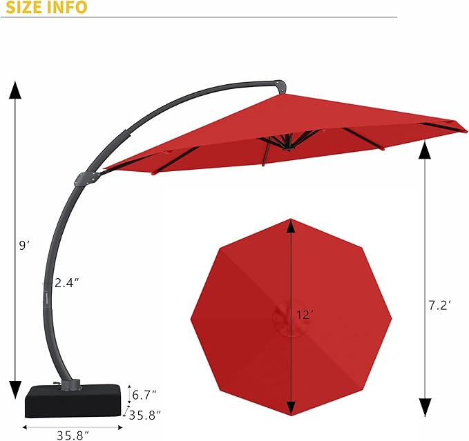 Kingdura 12ft Offset Cantilever Patio Umbrella with Base Included, Large Round Aluminum Outdoor Umbrella, 360° Rotation & Infinite Tilt, Heavy Duty Frame for Deck Pool Backyard, Red