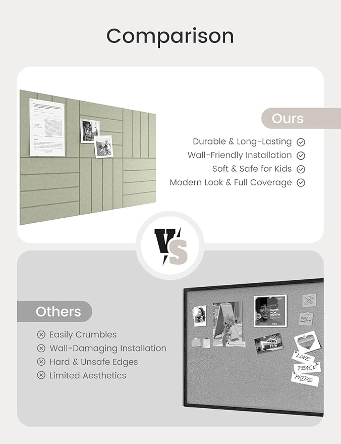 Bumusty Large Cork Board Alternative-36 x24 Felt Bulletin Board Tiles, with 30 Pushpins, 40 Adhesive Tabs, 6-Pack Slat Wall Paneling, Cork Boards for Office Push Pin Board Felt Board-Sage