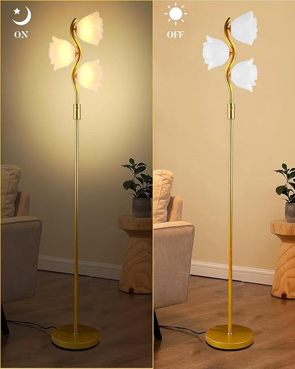 Dimmable Gold Floor Lamp with 3 Flower Lampshades, Modern Floral Standing Lamps with Warm White 3000K Bulbs, Mid Century Floor Lamp for Living Room Bedroom Home Decor
