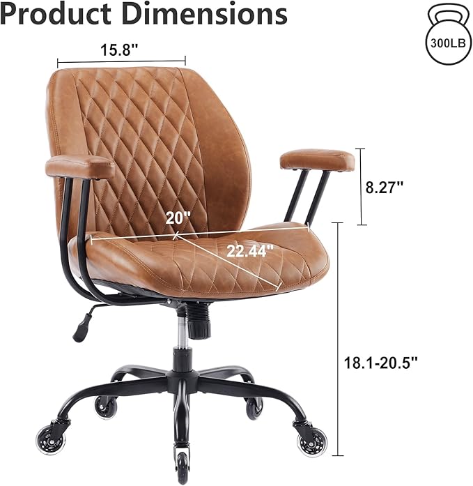 YFO Home Office Chair Office Rubber Casters Ergonomic Computer Chair with Lumbar Support Adjustable Height Rolling Swivel Executive Task Armrests Chair， Brown Leather