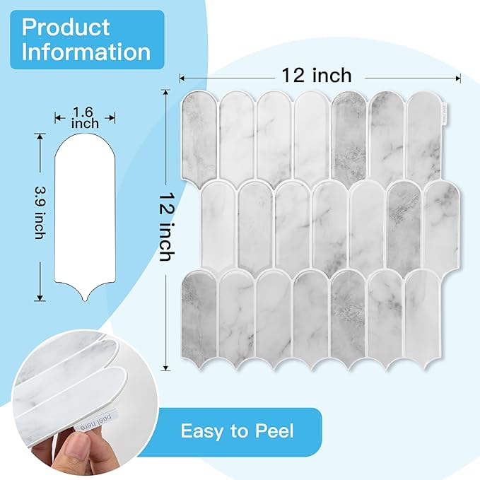 Art3d 12 x 12 Inch Heavy-Duty Peel and Stick Backsplash, Self-adhesive Wall Tiles for Kitchen Bathroom Decor, 10-Pack Gray Marble