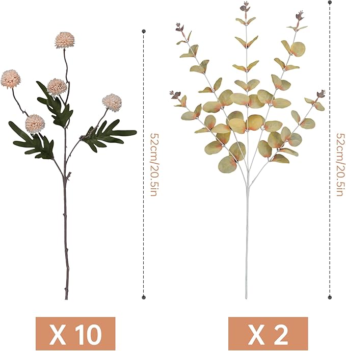 Faux Beige Kiku Flowers 10 Stems & 2 Eucalyptus,Fake Mums Flower Autumn Artificial Chrysanthemums Mini Ball Floral for Table Centerpieces,Silk Fall Faux Mums Flower for Vase Wedding Arrangements Decor