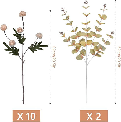 Faux Beige Kiku Flowers 10 Stems & 2 Eucalyptus,Fake Mums Flower Autumn Artificial Chrysanthemums Mini Ball Floral for Table Centerpieces,Silk Fall Faux Mums Flower for Vase Wedding Arrangements Decor