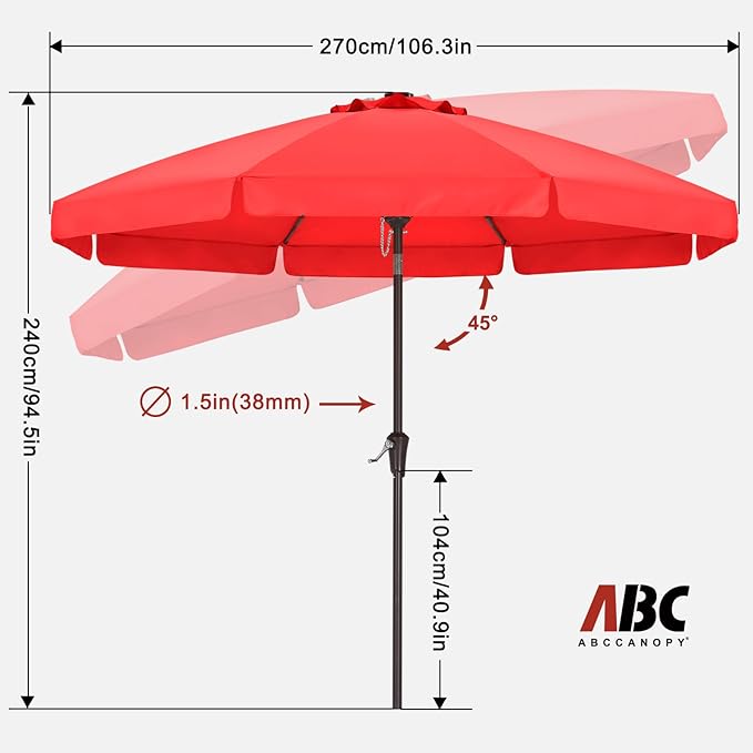 ABCCANOPY 9ft Scalloped Patio Umbrella, Outdoor Table Umbrella with Tilt and Crank, Fiberglass Ribs Deck Umbrella for Patio, Pool, Garden, Picnic (Red)