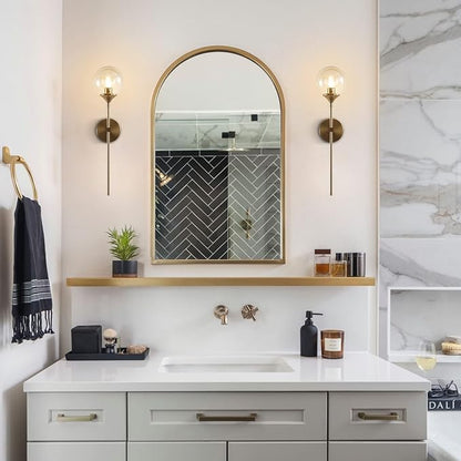 KCO Lighting Brushed Brass Gold Wall Mounted Sconce Mid Century Modern Wall Light Fixture Vintage Long Wall Lamp Amber Glass Wall Sconce Lighting Globe Round Wall Light (Amber)