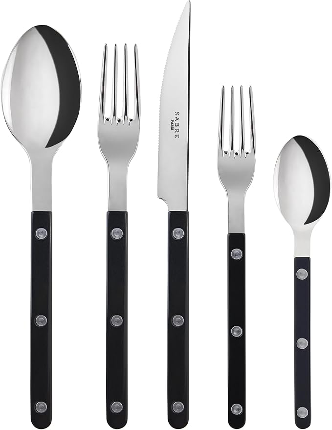 20-Piece Flatware Set for 4 - Bistrot Collection - Knife, Fork, Soup Spoon, Teaspoon & Dessert Fork - Stainless Steel & Nylon - Dishwasher Safe - Black - Shiny Finish