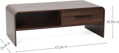 LuxenHome 47” Coffee Table with Storage, Mid-Century Modern Walnut Finish Wood Center Table with 2-Drawer and Open Shelf for Living Room, Accent Cocktail Tables with Safe Rounded Corners