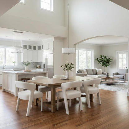 DUOMAY Modern Dining Chairs Set of 6, Chenille Fabric Upholstered Kitchen Chair with Curved Open Back Accent Side Chairs Dining Room Chairs with Wood Legs, White