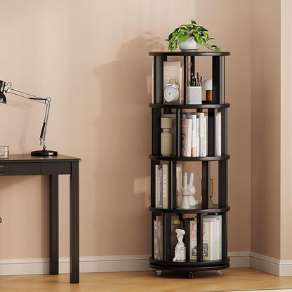 Solid Wood Rotating Bookshelf on Wheels, 4 Tier, Round Revolving Bookcase, 360° Spinning Book Shelf Tower for Kids, Narrow Rolling Bookshelves for Small Space, Corner, Bedroom, Office, Black