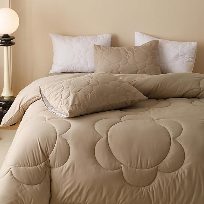 CLOTHKNOW Khaki Daisy Puff Comforter Set Twin/Twin XL Champagne Bedding Comforter Sets Floral Comforter Boho Bedding Sets Taupe Bed Comforter Sets Soft