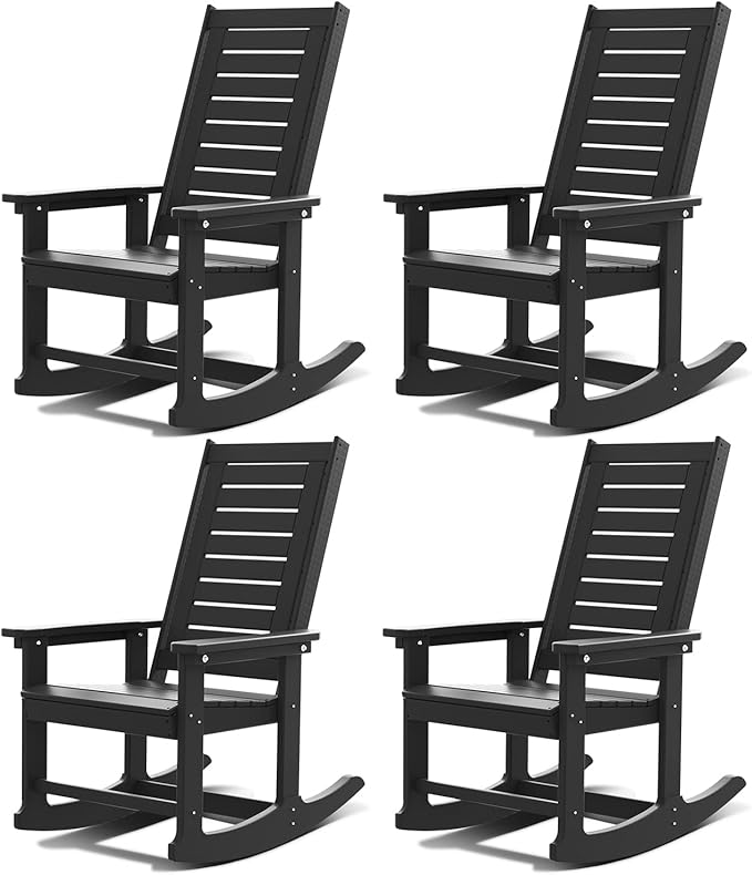 GREENVINES Outdoor Rocking Chairs | Set of 4 | Porch Rocker | HDPE Plastic | Black | Oversized Rockers | High Back | Big & Tall | Ladder Back | for Patio Outside Backyard Balcony Garden
