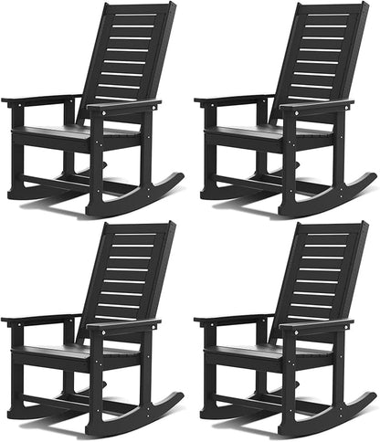 GREENVINES Outdoor Rocking Chairs | Set of 4 | Porch Rocker | HDPE Plastic | Black | Oversized Rockers | High Back | Big & Tall | Ladder Back | for Patio Outside Backyard Balcony Garden