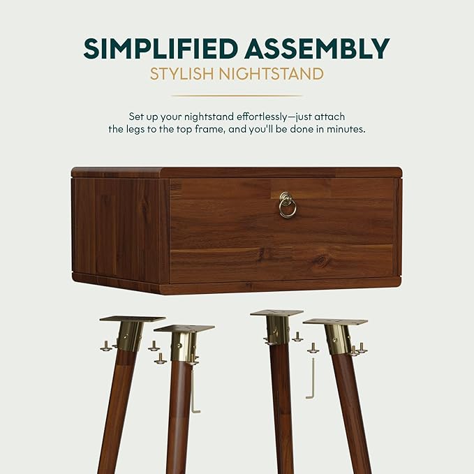 Bme Alden Solid Wood Bedside Table End Table with 1 Drawer for Mid Century Bedroom and Living Room, Dark Chocolate