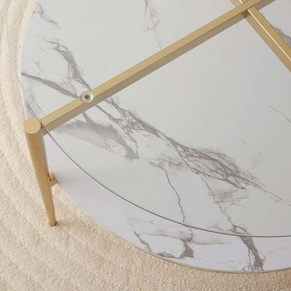 Round Coffee Table for Living Room, Mid-Century Modern Design, D30 x H17, 2-Tier Structure, Clear Glass Top and White Marble Finish Wood Shelf, Sleek Conical Metal Legs with Gold Finish Frame