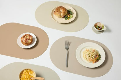 Beige Oval Silicone Placemats Set of 6 – Heat Resistant, Waterproof, Easy to Clean Non-Slip Modern Dining Table Mats – Premium Leather Textured Japandi Kitchen Decor