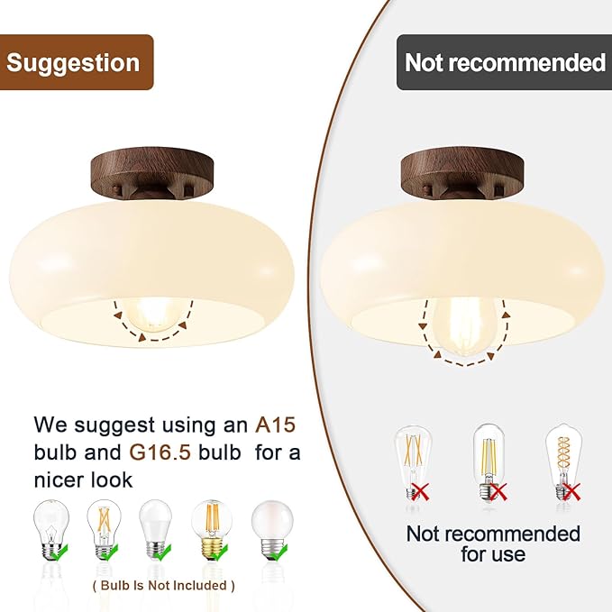 Mid-Century Modern Semi Flush Mount Ceiling Light, Faux Walnut Wood Kitchen Light Fixtures with Glass Shade, Vintage White Close to Ceiling Lamp for Entryway Hallway Bathroom (11.0 Inch)