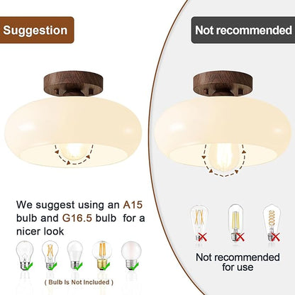 Mid-Century Modern Semi Flush Mount Ceiling Light, Faux Walnut Wood Kitchen Light Fixtures with Glass Shade, Vintage White Close to Ceiling Lamp for Entryway Hallway Bathroom (11.0 Inch)
