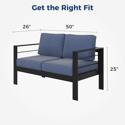 Wisteria Lane Patio Furniture Aluminum Loveseat, All-Weather Outdoor 2 Seats Outdoor Chair, Black Metal Chair with Blue Cushions