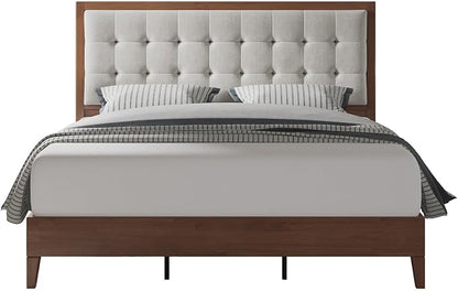 Jocisland Wood Full Size Bed Frame,Tall Upholstered Tufted Headboard, Solid Wood Platform, No Box Spring Needed, Walnut