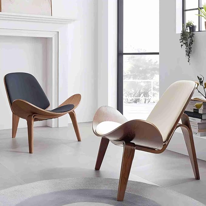homary Leather Walnut Tripod Accent Chair, High Back Lounge Chair with Soft Faux Leather Seat, Sturdy Wood Frame for Living Room Bedroom (Black)