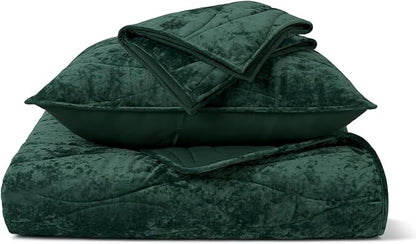 EVERGRACE Luxury Velvet Quilt Queen Size, Ultra Soft Wave Crushed Velvet Bedding Set, Lightweight Quilted Comforter Set for All Season, Oversized Bedspread Coverlet with 2 Shams, Emerald Green