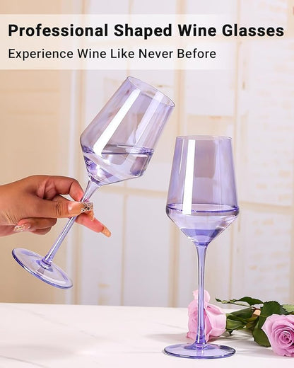 Physkoa Lavender Purple Wine Glasses Set of 6-15oz Hand Blown Crystal Colored Wine Glasses with Long Stem, Wedding, Birthday, Christmas Glassware Gifts for Lovers