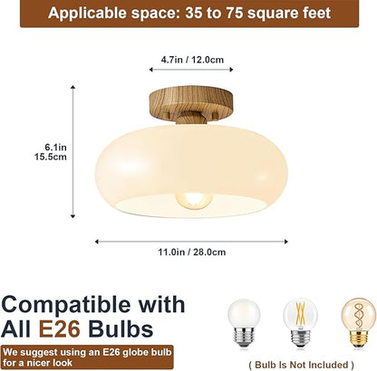 Mid-Century Modern Semi Flush Mount Ceiling Light, Faux Wood Kitchen Ceiling Light Fixture with Glass Shade, Mini White Close to Ceiling Lamp for Entryway Hallway Bathroom (11.0 Inch)