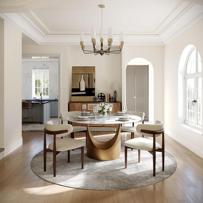 POVISON Round Dining Table, 47" Glossy White Sintered Stone Top Dining Table with Bronze Carbon Steel Pedestal, Modern Dining Room Table for Kitchen, Living Room (Table Only)