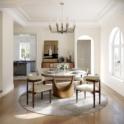 POVISON Round Dining Table, 47" Glossy White Sintered Stone Top Dining Table with Bronze Carbon Steel Pedestal, Modern Dining Room Table for Kitchen, Living Room (Table Only)