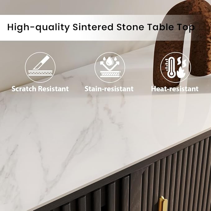 POVISON Sliding Tambour Door TV Stand, Mid Century Modern Sintered Stone TV Console, Wood Media Console for 70 Inch TV, Entertainment Center with Storage Cabinet, Fully-Assembled (Black, 70.87")