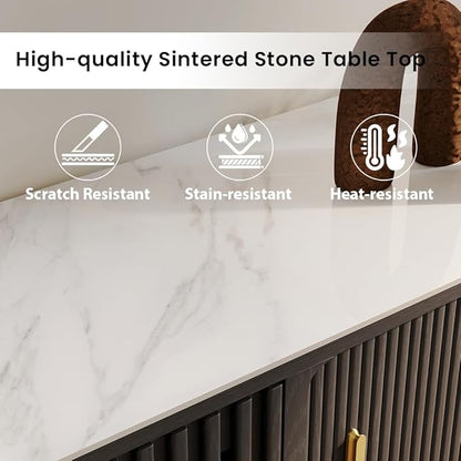 POVISON Sliding Tambour Door TV Stand, Mid Century Modern Sintered Stone TV Console, Wood Media Console for 70 Inch TV, Entertainment Center with Storage Cabinet, Fully-Assembled (Black, 70.87")