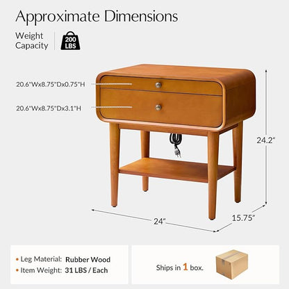 HULALA HOME Nightstand with Pull-Out Shelf, Mid Century Modern End Table with Storage Drawer, Charging Station, Solid Wood Legs, Acorn
