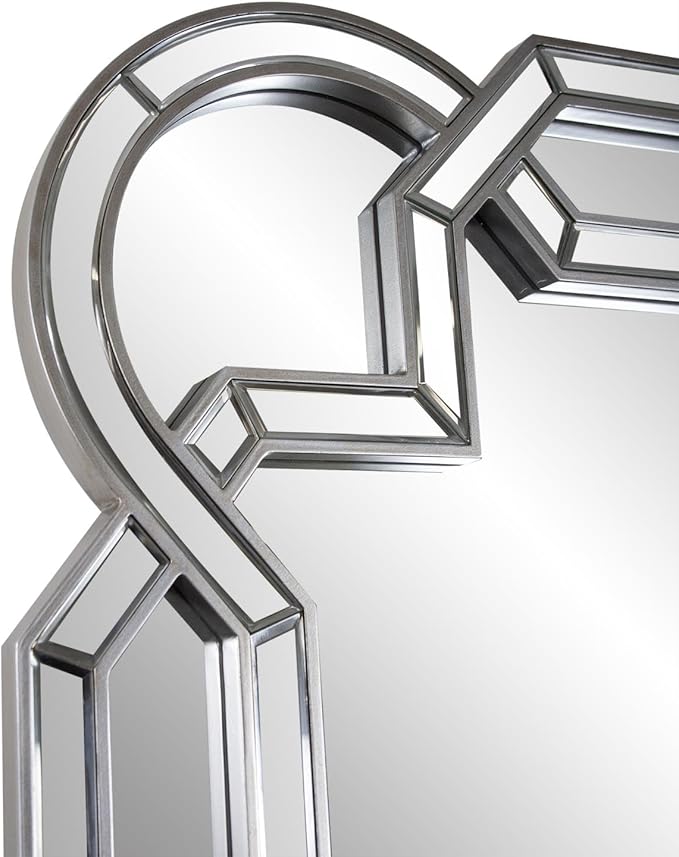 Howard Elliott Aleena Silver Oversized Full Length Mirror for Wall, Tall Rectangle Wall Hanging Mirrors with Arch Curves, Intersecting Lines & Beveled Glass for Bedroom & Living Room, 80 x 40 Inch