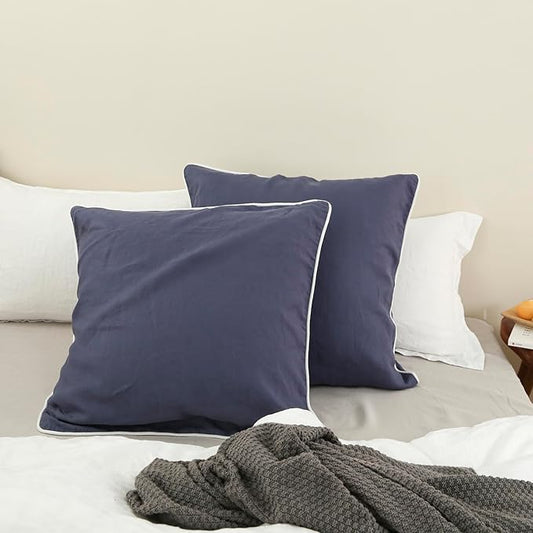 Simple&Opulence 100% Linen Euro Sham Covers with Piping Trim, 26"x26" Pillow Cover Set of 2, Breathable Pillow Shams for Bed Couch Decorative Cushions, Classic Blue