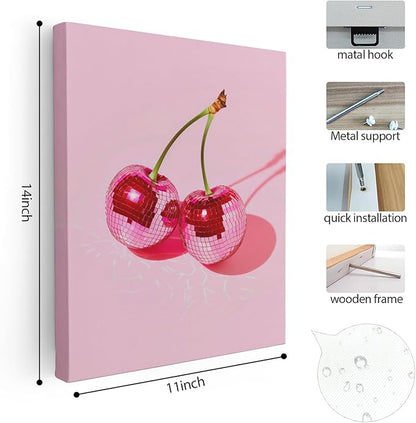 APJYM Trendy Hot Pink Disco Ball Cherry Wall Art, Preppy Room Decor, Y2K Room Decor, Funky Y2K Aesthetic Wall Art for Girls Bedroom Dorm Apartment, 11x14 Inches Frame