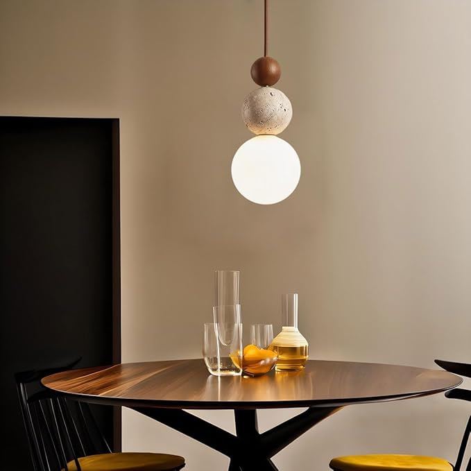 Stylish Modern Pendant Light with Stone and Wood, Unique Two-Ball Design Ceiling Lamp, Perfect for Dining Room, Kitchen Island, Living Room, Bedroom Decor, Elegant Home Lighting(Brown)