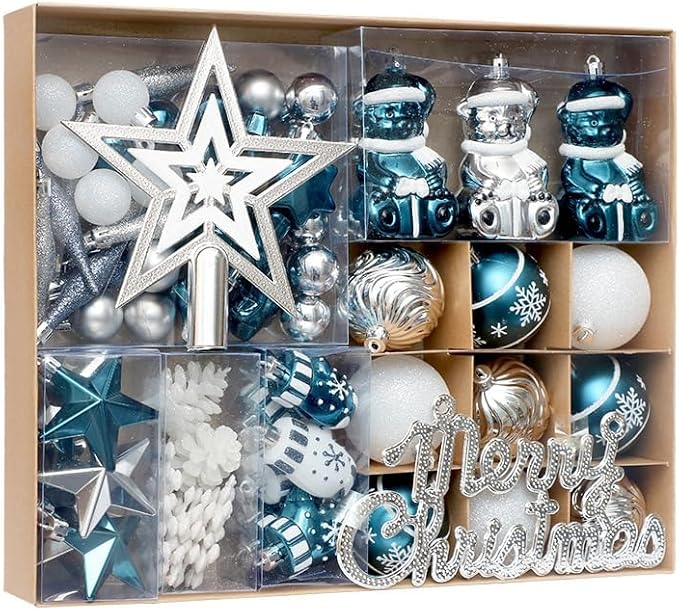 70 Pcs Shatterproof Christmas Balls Ornaments for Outdoor Use，Elegant Blue Christmas Yard Decorations Outdoor with Hanging Loops，A Set of Christmas Tree Decoration for Home, Wedding, Party