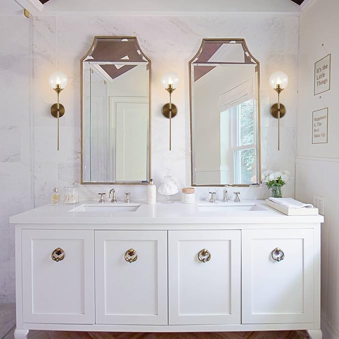 KCO Lighting Vanity Clear Bubble Glass Wall Lights Modern Globe Round Sconces Wall Lighting Brushed Brass Long Wall Sconce Mid Century Bar Bathroom Wall Lamp (Clear)