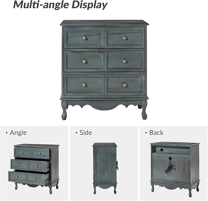 HULALA HOME 3 Drawer Nightstand with Charging Station Drawer Organizer with Wood Legs Farmhouse Solid Wood, Blue