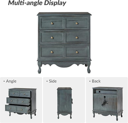 HULALA HOME 3 Drawer Nightstand with Charging Station Drawer Organizer with Wood Legs Farmhouse Solid Wood, Blue