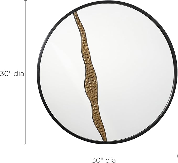 LuxenHome 30" Round Wall Mirror, Goldrush Black Metal Frame Wall Decor Large Circle Decorative Accent Mirror for Bathroom Bedroom Entryway Living Room Decoration