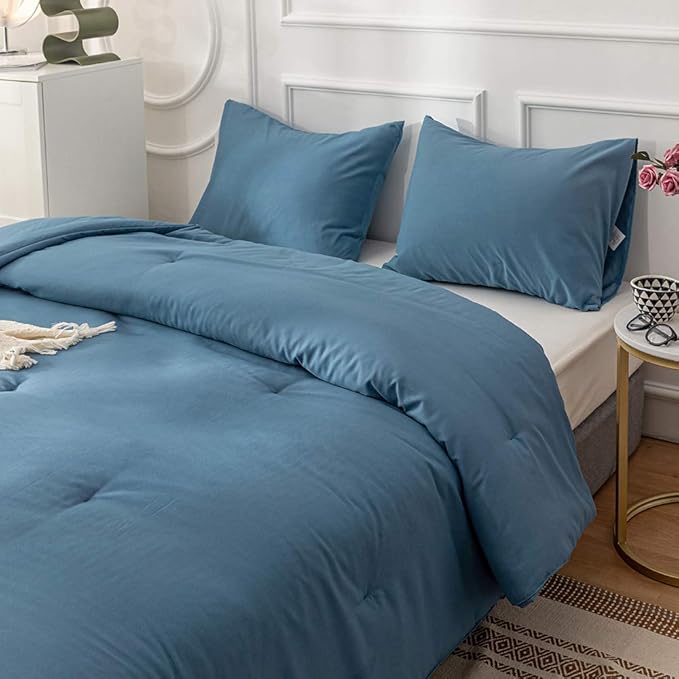Pureant Blue Comforter Set Queen Dusty Blue Bedding Comforter Sets for Women Men Cotton Lake Blue Queen Comforter Soft Grayish Queen Size Comforter Sets Solid Color Quilt Breathable