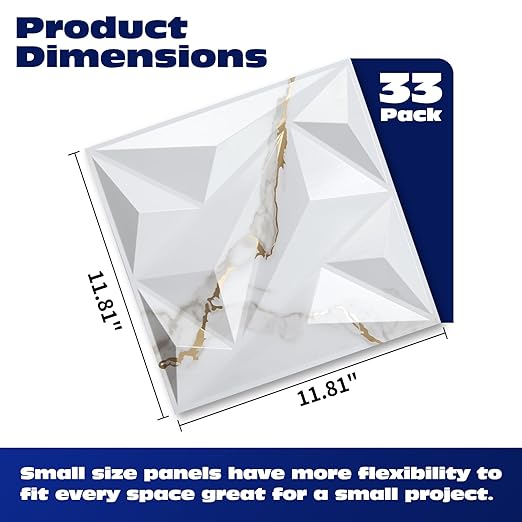 Art3dwallpanels 33 Pack 3D Wall Panel Diamond for Interior Wall Décor, PVC Textured Wall Panels, 12''x12'' Cover 32.Sq.Ft. Gold Veined White