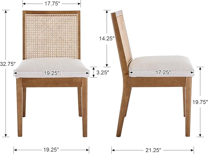 Farmhouse Rattan Dining Chairs Set of 2 Natural Wood Dining Room Chairs Rectangle Cane Country Kitchen Chairs Upholstered Dining Chair for Dining Room, Cream Linen